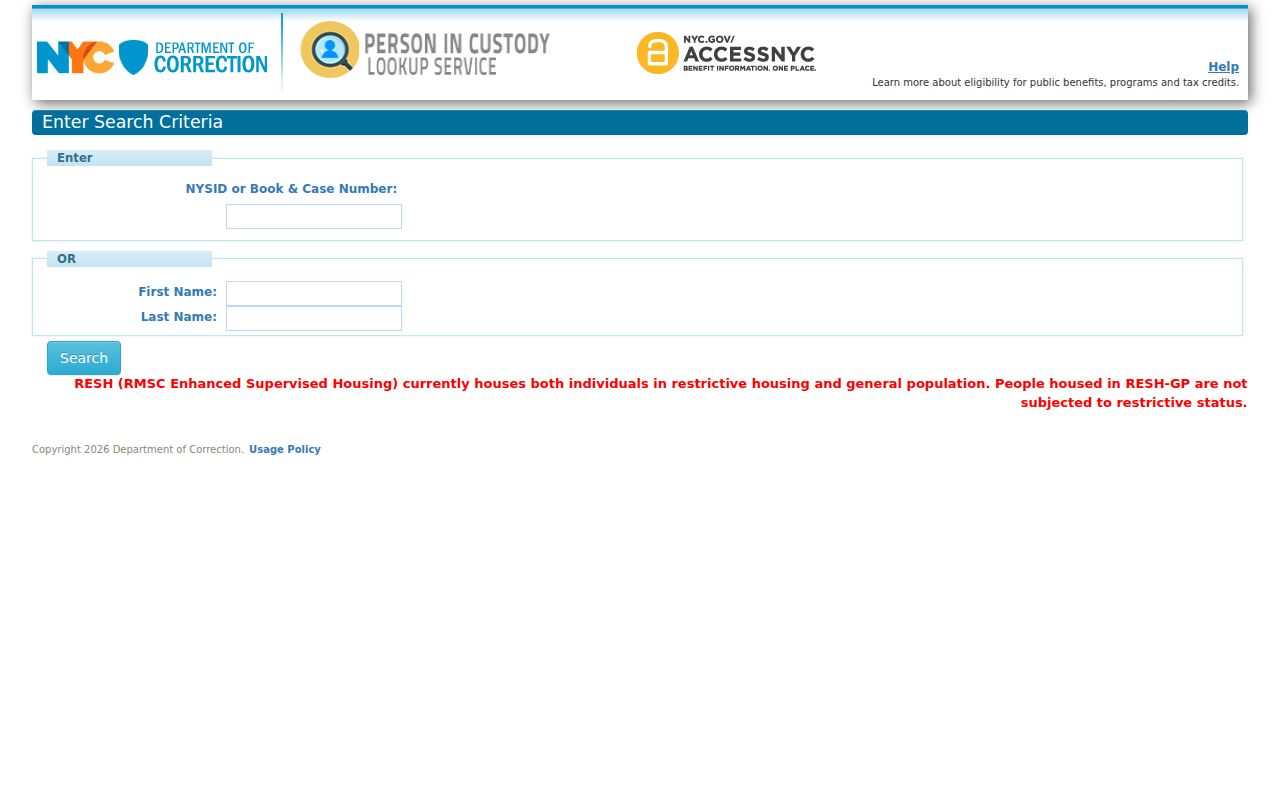 Bronx County arrest search through the NYC DOC name and Book and Case lookup