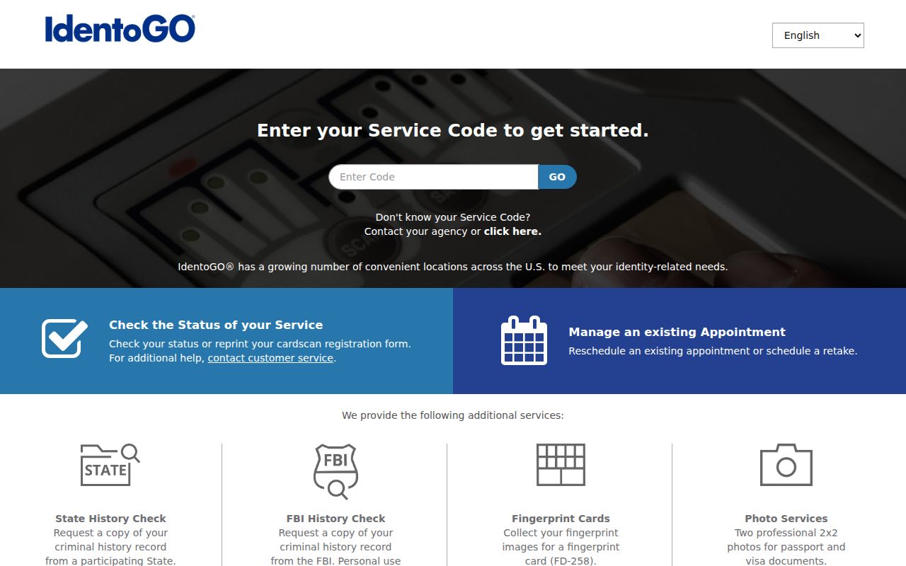 Bronx County criminal record IdentoGO service code enrollment screen