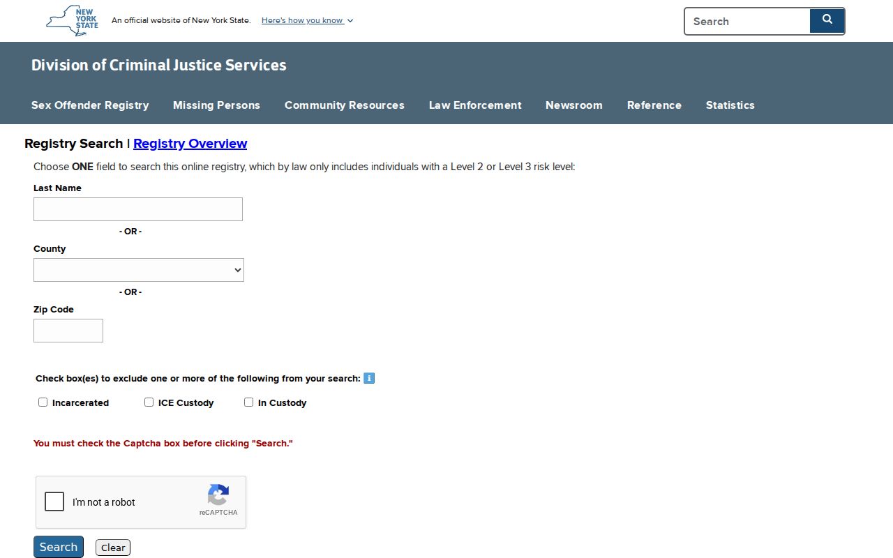 Bronx County sex offender lookup fields on the New York registry